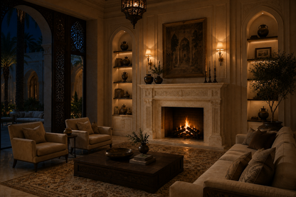 Sakan cream marble fireplace mantel by 1-OPH, lit at night