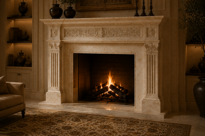 Sakan cream marble fireplace mantel by 1-OPH, carved detail