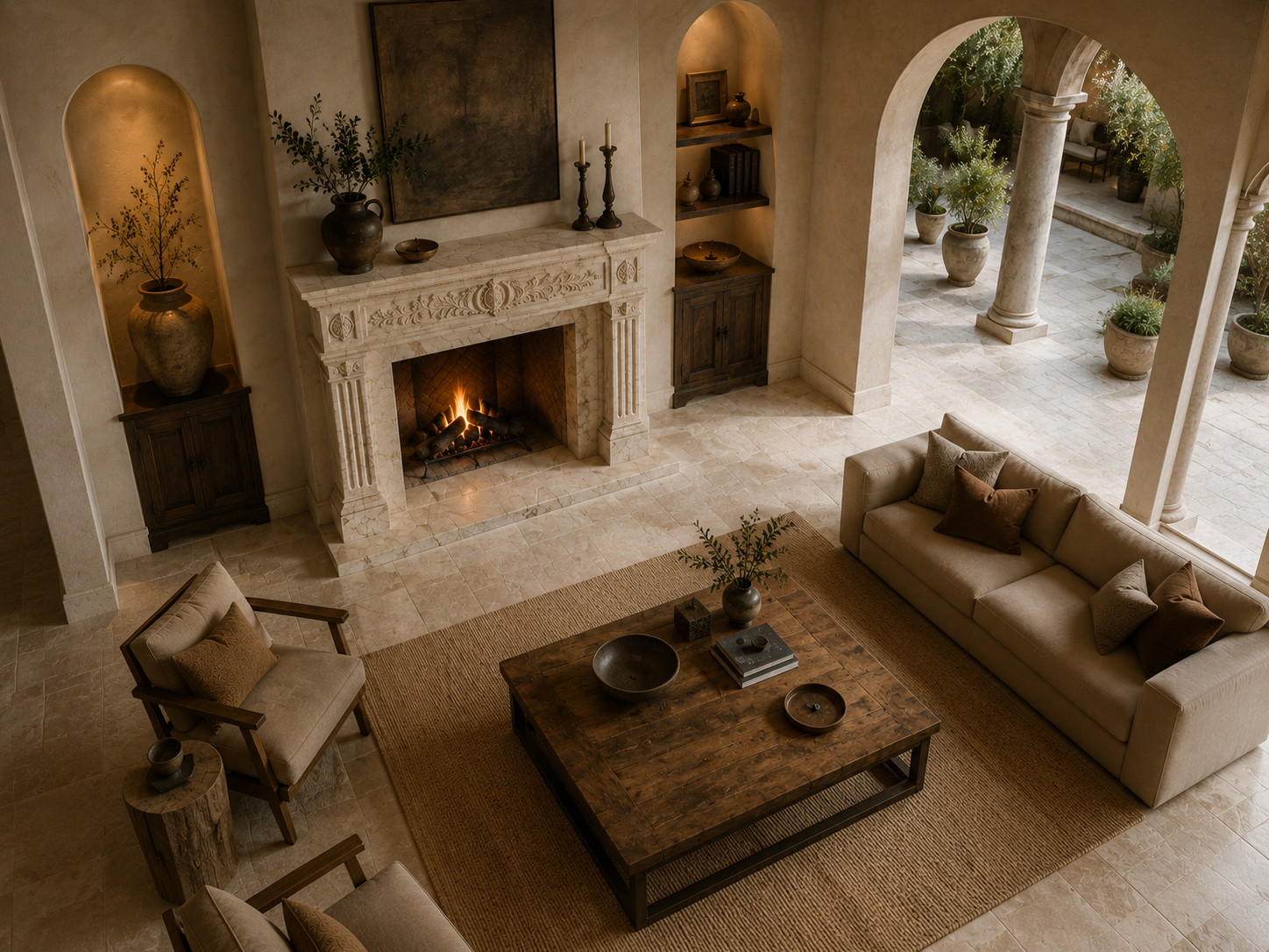 Sakan cream marble fireplace mantel by 1-OPH, seen from above