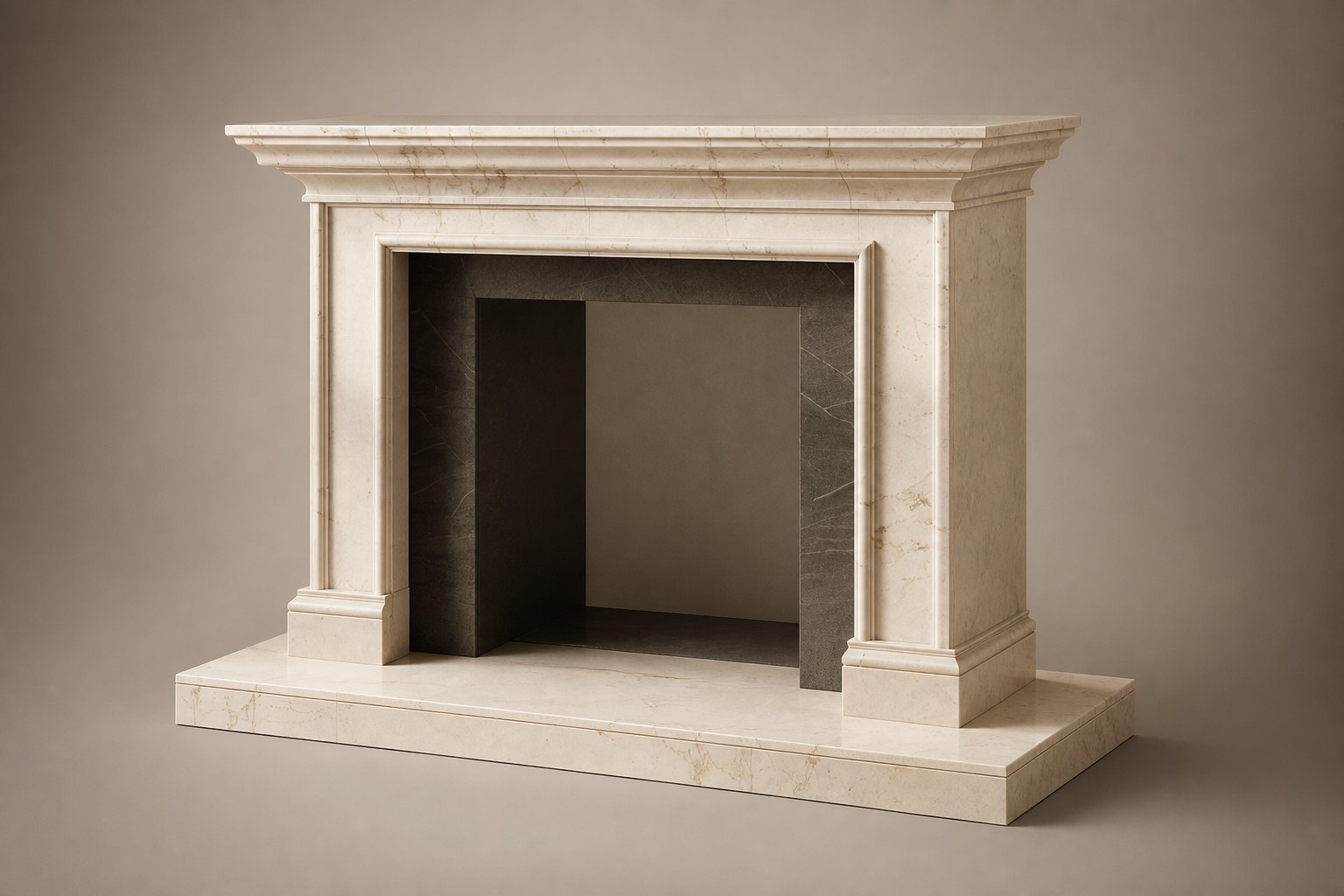 Sakan cream marble fireplace mantel by 1-OPH, studio view
