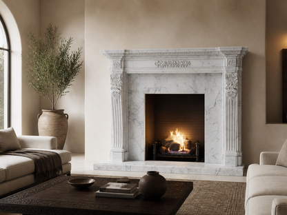 Nobile calacatta marble fireplace mantel by 1-OPH, in a Dubai interior