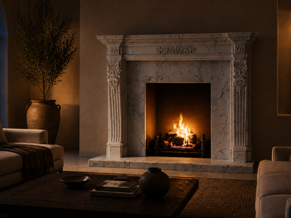 Nobile calacatta marble fireplace mantel by 1-OPH, lit at night