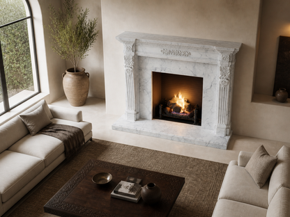 Nobile calacatta marble fireplace mantel by 1-OPH, seen from above