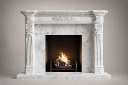 Nobile calacatta marble fireplace mantel by 1-OPH, side elevation