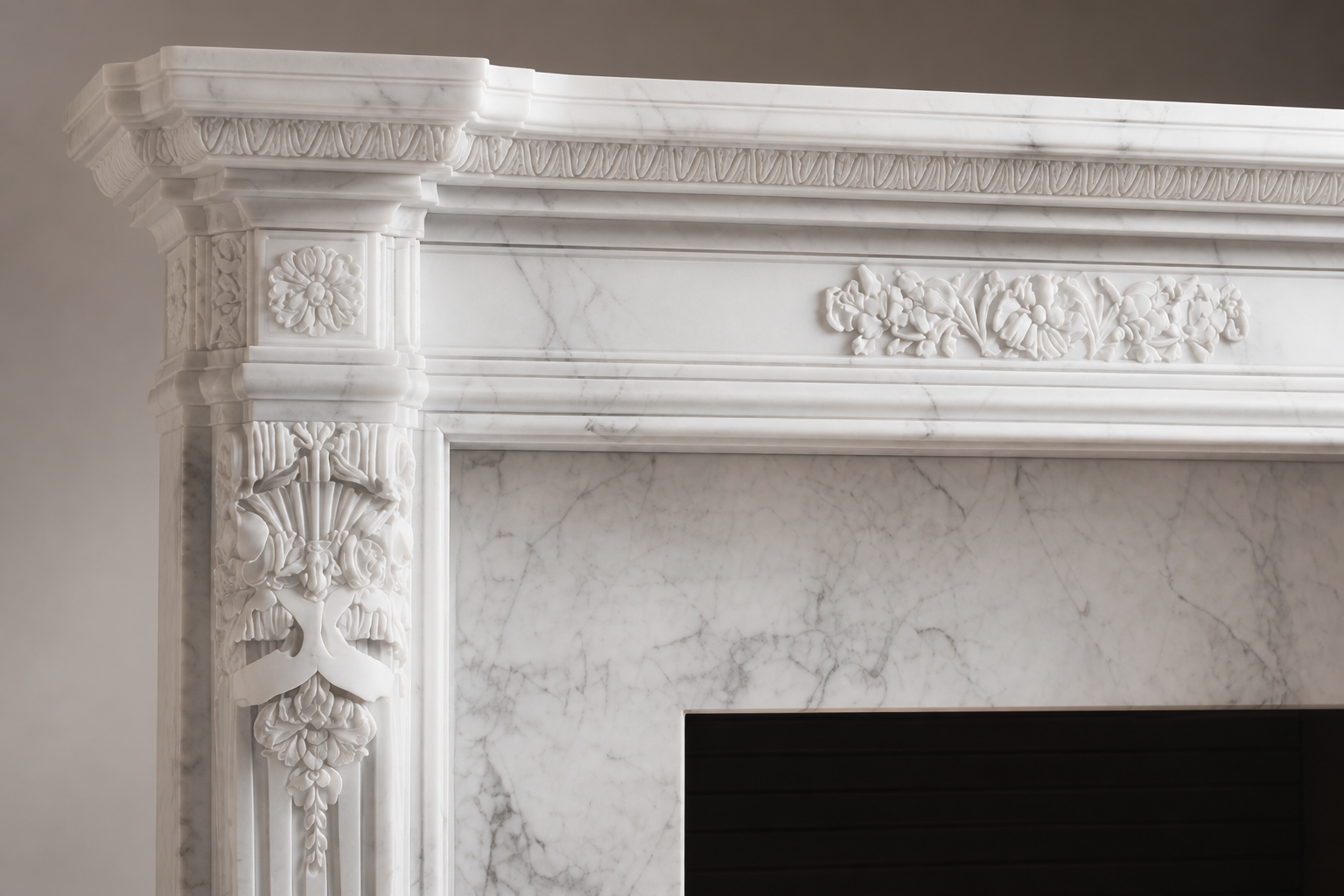 Nobile calacatta marble fireplace mantel by 1-OPH, surface detail