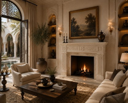 Salwa warm cream marble fireplace mantel by 1-OPH, in a Dubai interior