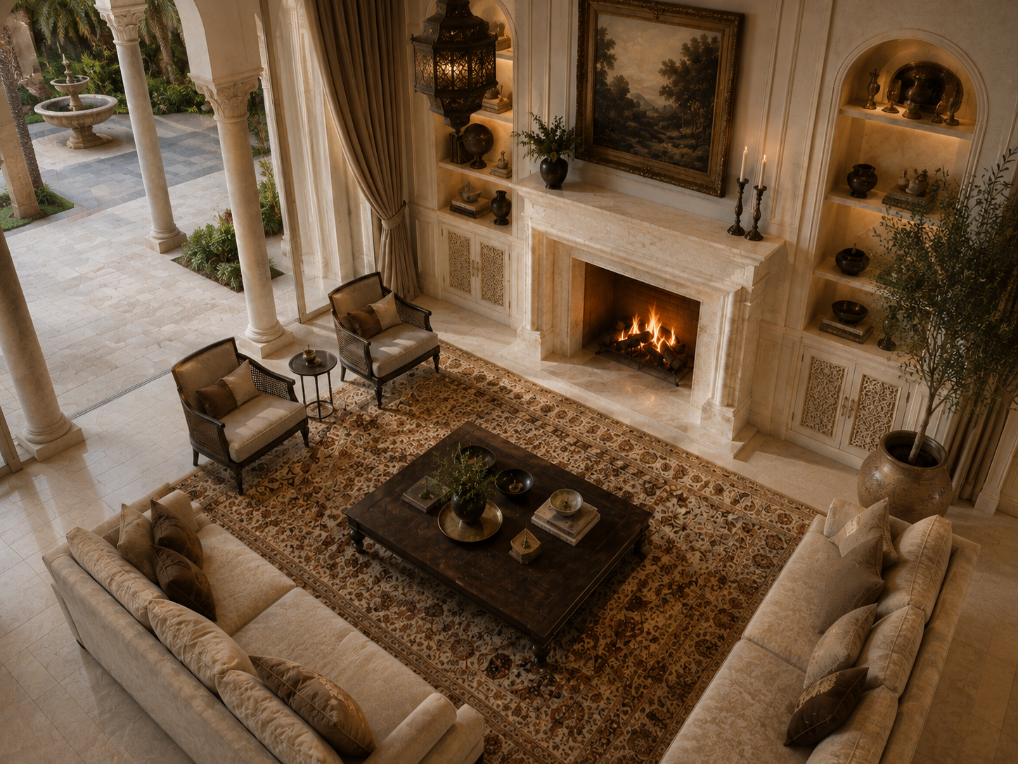 Salwa warm cream marble fireplace mantel by 1-OPH, seen from above