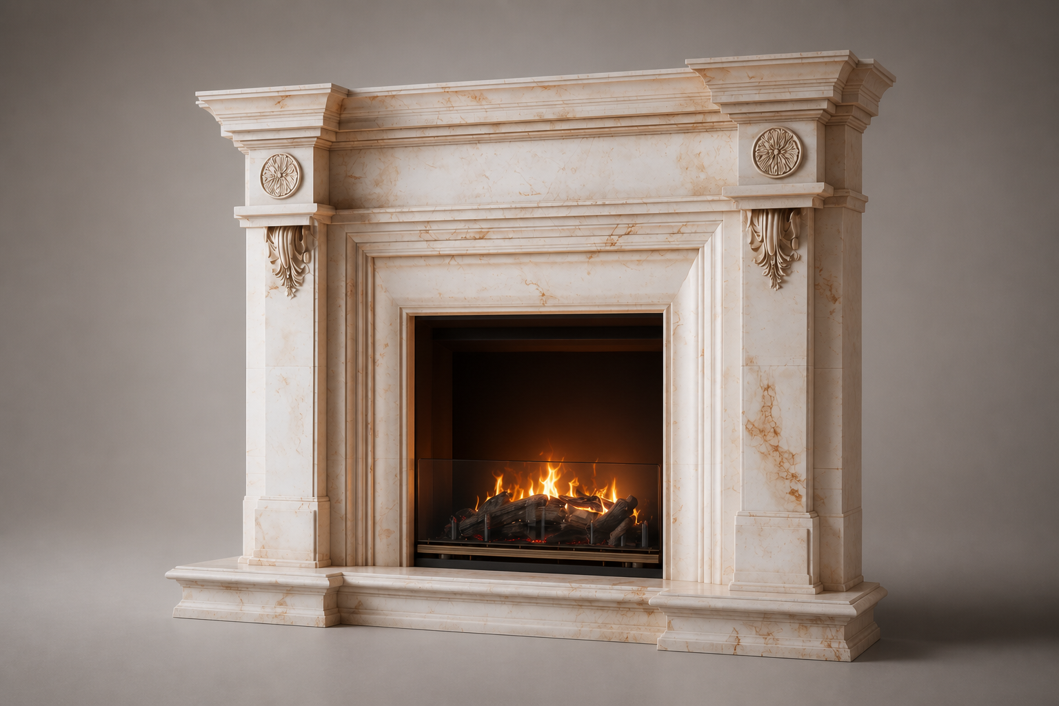 Salwa warm cream marble fireplace mantel by 1-OPH, studio view