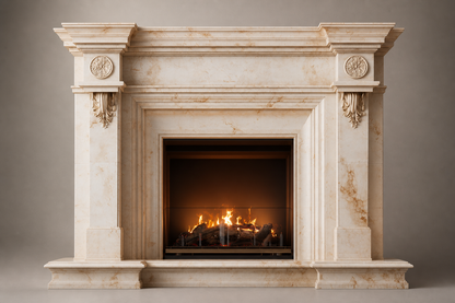 Salwa warm cream marble fireplace mantel by 1-OPH, side elevation
