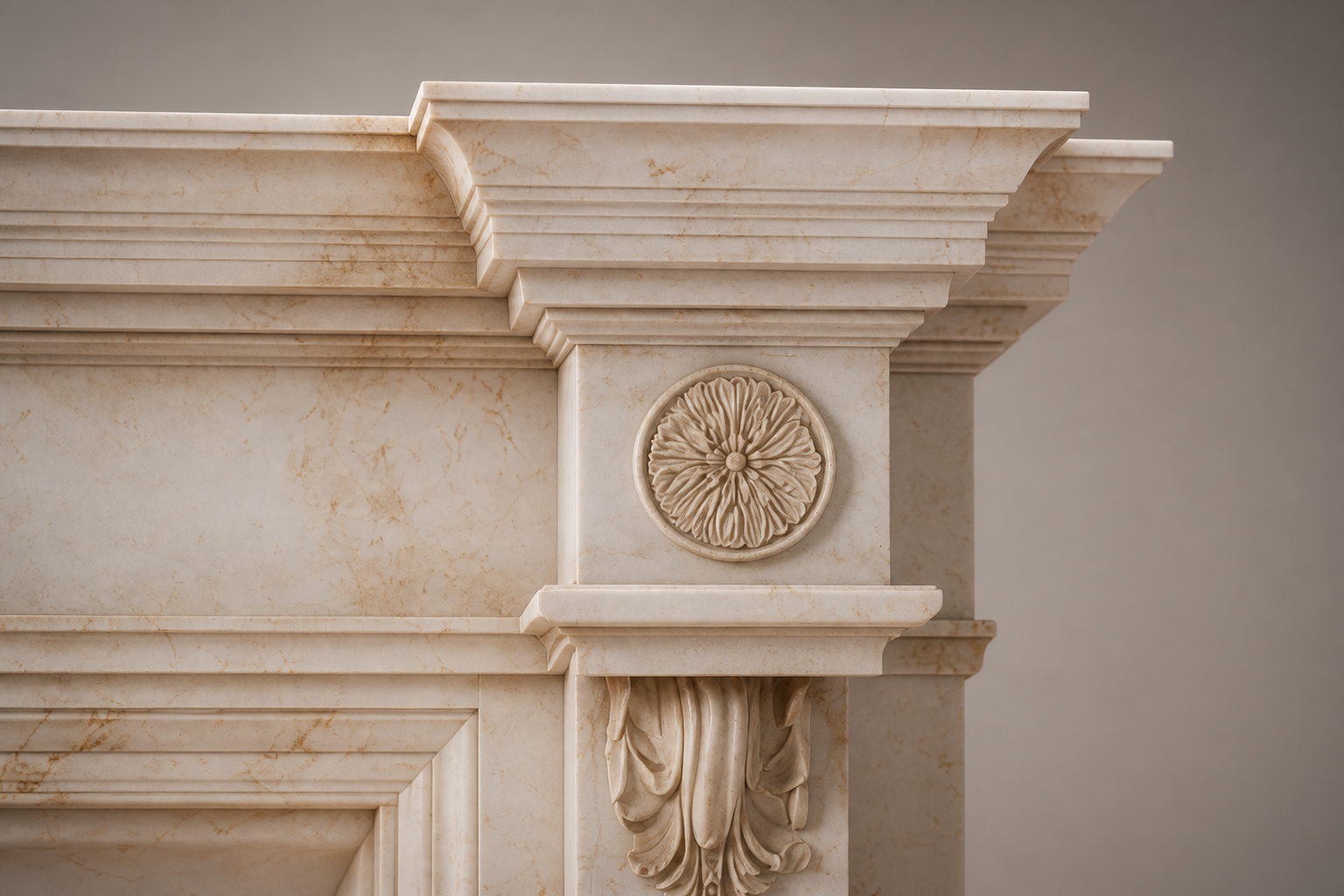 Salwa warm cream marble fireplace mantel by 1-OPH, surface detail