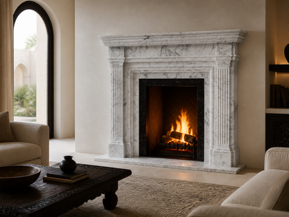 Yuki bright white marble fireplace mantel by 1-OPH, in a Dubai interior