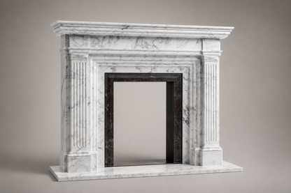 Yuki bright white marble fireplace mantel by 1-OPH, studio view