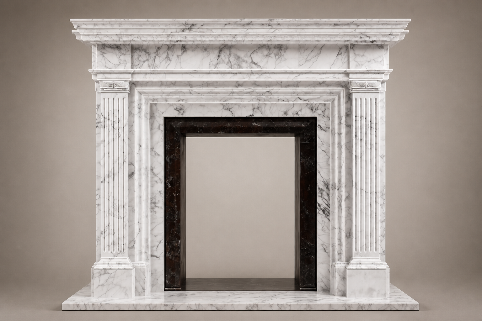 Yuki bright white marble fireplace mantel by 1-OPH, side elevation