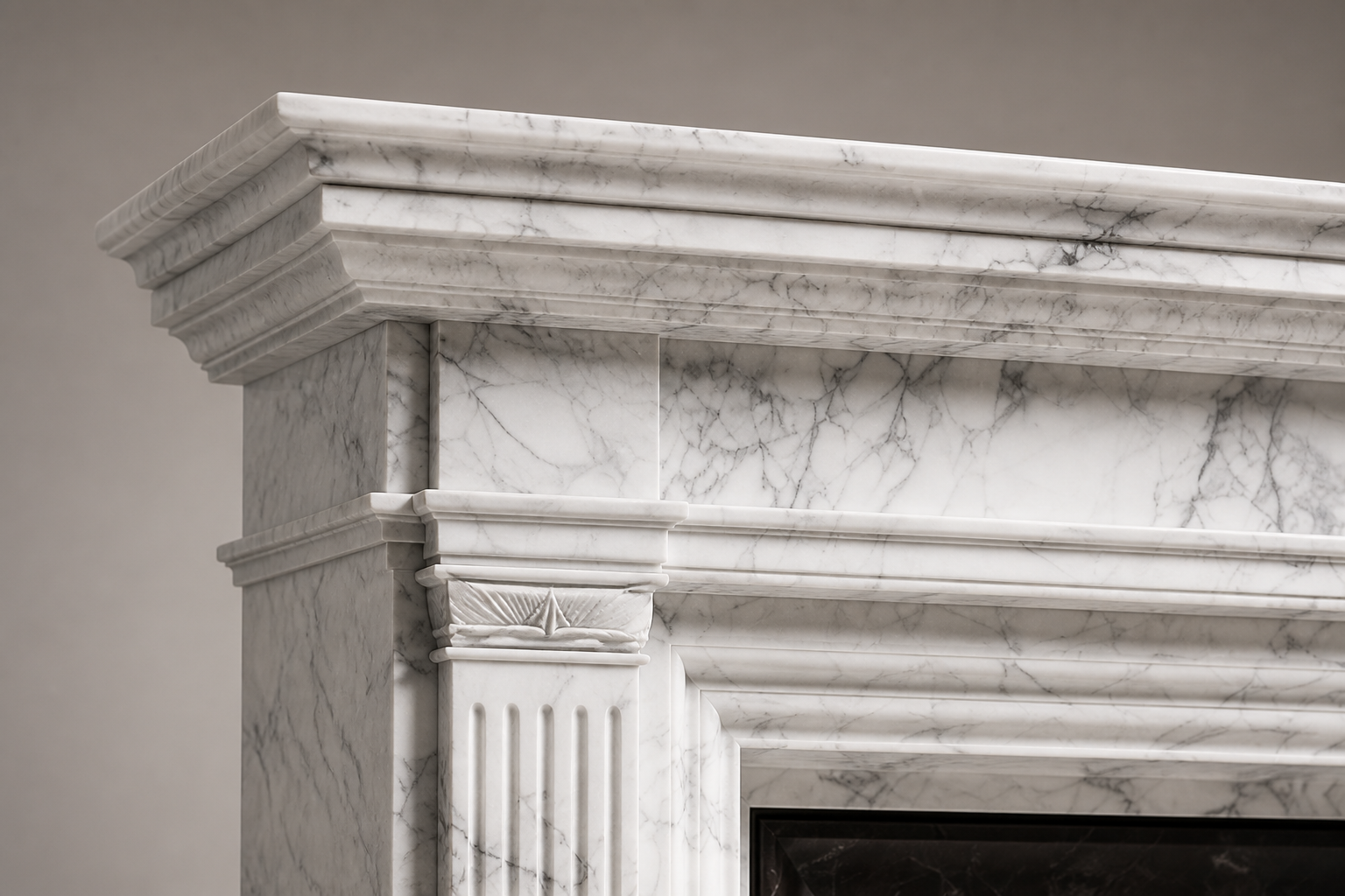 Yuki bright white marble fireplace mantel by 1-OPH, surface detail