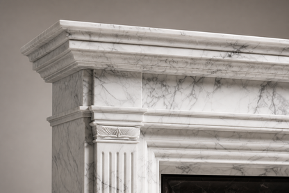 Yuki bright white marble fireplace mantel by 1-OPH, surface detail