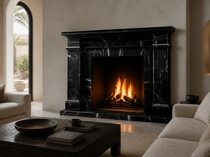 Shibui nero marquina marble fireplace mantel by 1-OPH, in a Dubai interior