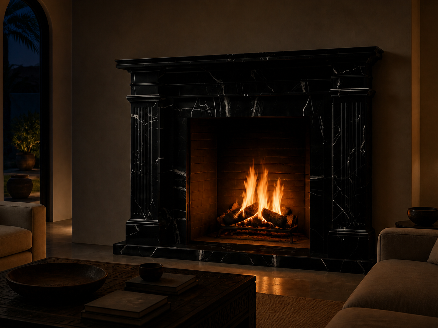 Shibui nero marquina marble fireplace mantel by 1-OPH, lit at night