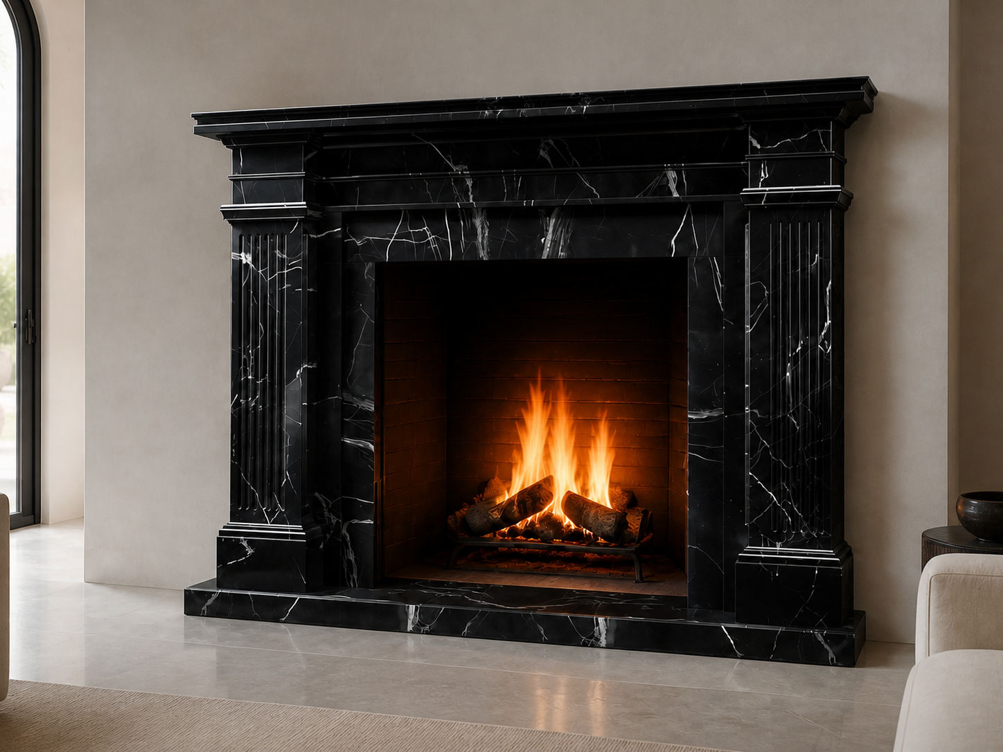 Shibui nero marquina marble fireplace mantel by 1-OPH, carved detail
