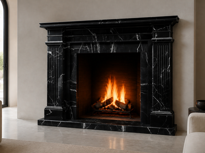 Shibui nero marquina marble fireplace mantel by 1-OPH, carved detail