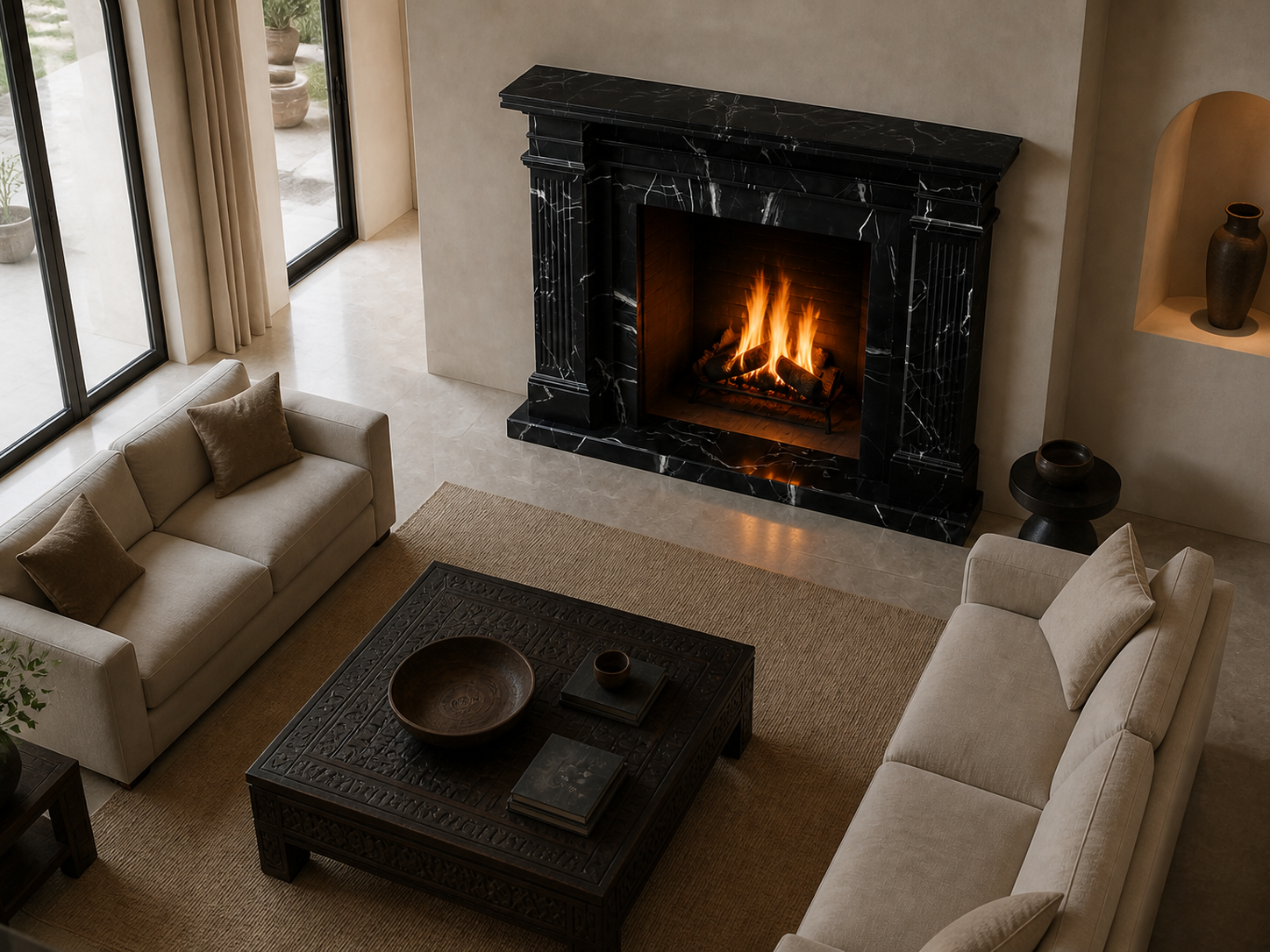Shibui nero marquina marble fireplace mantel by 1-OPH, seen from above