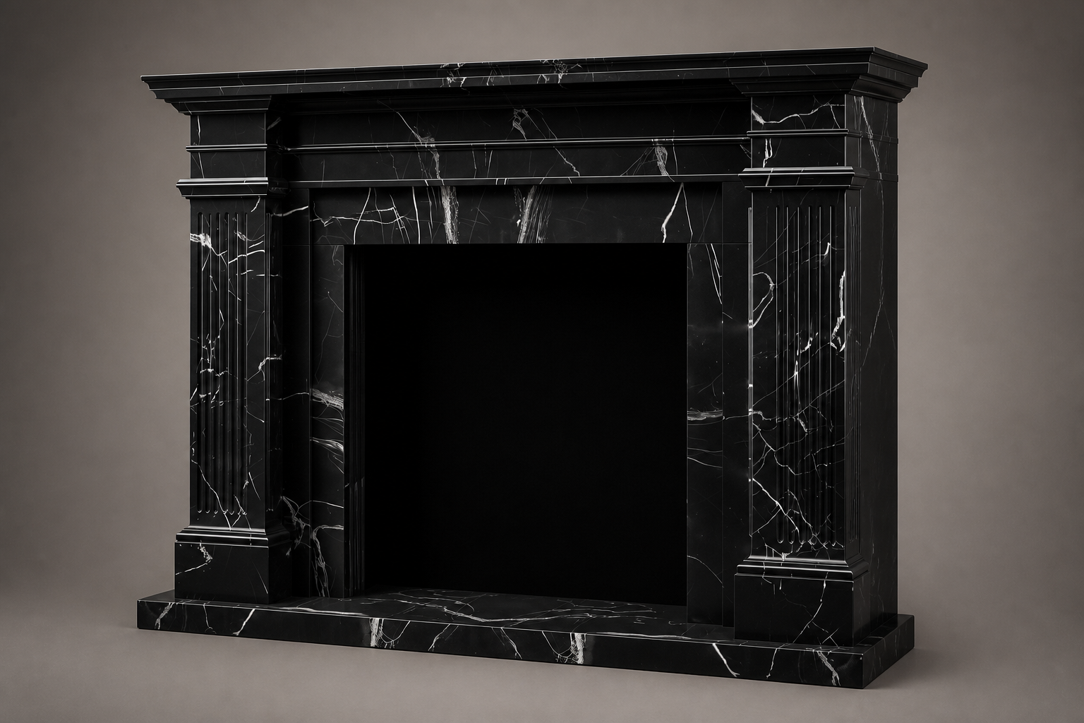 Shibui nero marquina marble fireplace mantel by 1-OPH, studio view