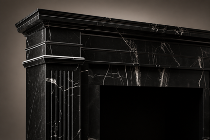 Shibui nero marquina marble fireplace mantel by 1-OPH, surface detail