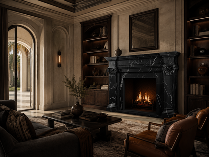 Ravenna nero marquina marble fireplace mantel by 1-OPH, in a Dubai interior