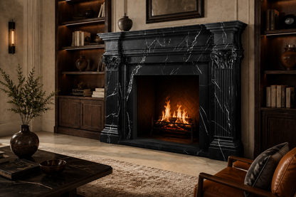 Ravenna nero marquina marble fireplace mantel by 1-OPH, carved detail