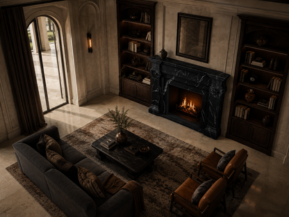 Ravenna nero marquina marble fireplace mantel by 1-OPH, seen from above