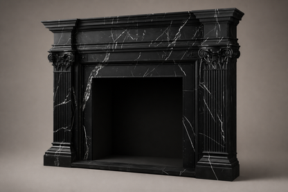 Ravenna nero marquina marble fireplace mantel by 1-OPH, studio view