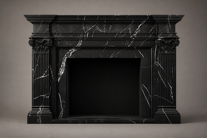 Ravenna nero marquina marble fireplace mantel by 1-OPH, side elevation