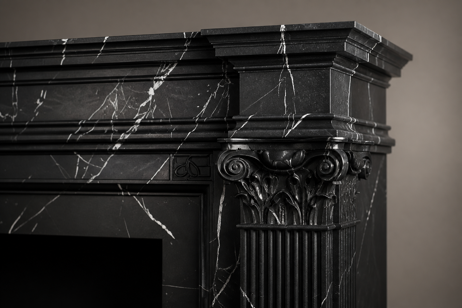 Ravenna nero marquina marble fireplace mantel by 1-OPH, surface detail