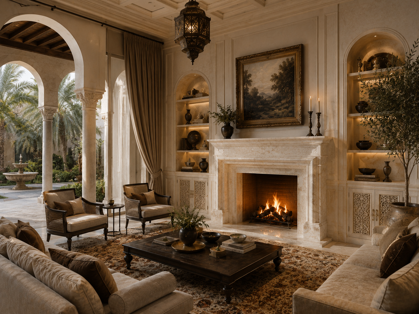 Nukumi white marble fireplace mantel by 1-OPH, in a Dubai interior