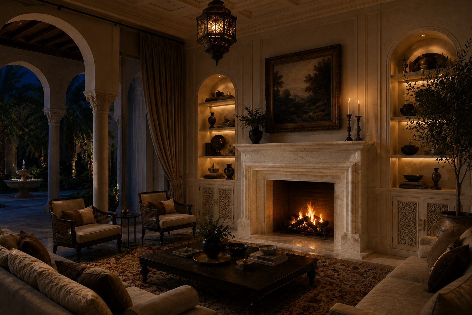 Nukumi white marble fireplace mantel by 1-OPH, lit at night