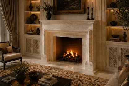 Nukumi white marble fireplace mantel by 1-OPH, carved detail