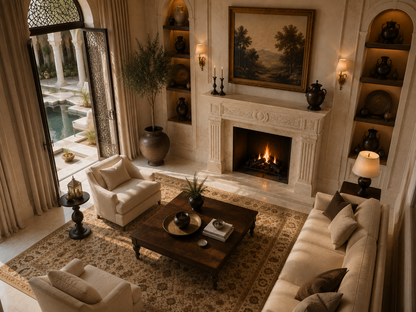 Nukumi white marble fireplace mantel by 1-OPH, seen from above