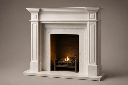 Nukumi white marble fireplace mantel by 1-OPH, studio view