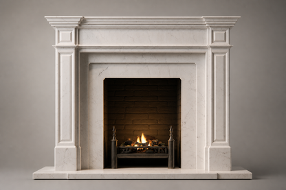 Nukumi white marble fireplace mantel by 1-OPH, side elevation