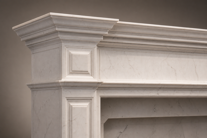 Nukumi white marble fireplace mantel by 1-OPH, surface detail