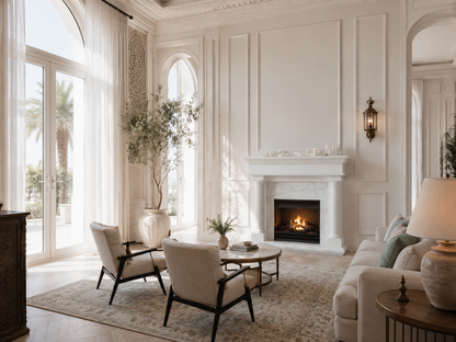 Sereno white marble fireplace mantel by 1-OPH, in a Dubai interior