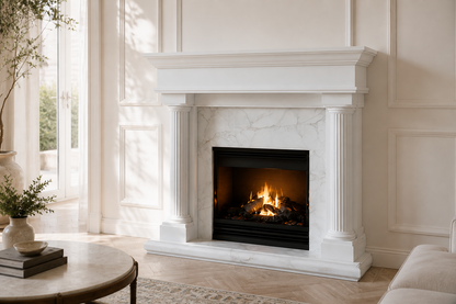 Sereno white marble fireplace mantel by 1-OPH, carved detail