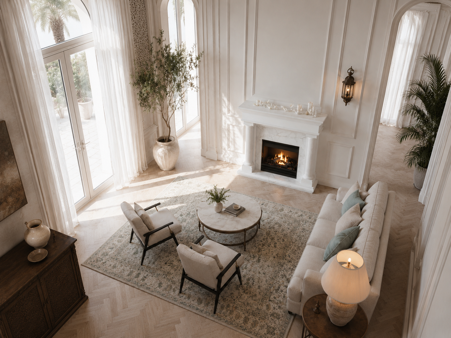Sereno white marble fireplace mantel by 1-OPH, seen from above