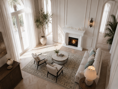 Sereno white marble fireplace mantel by 1-OPH, seen from above