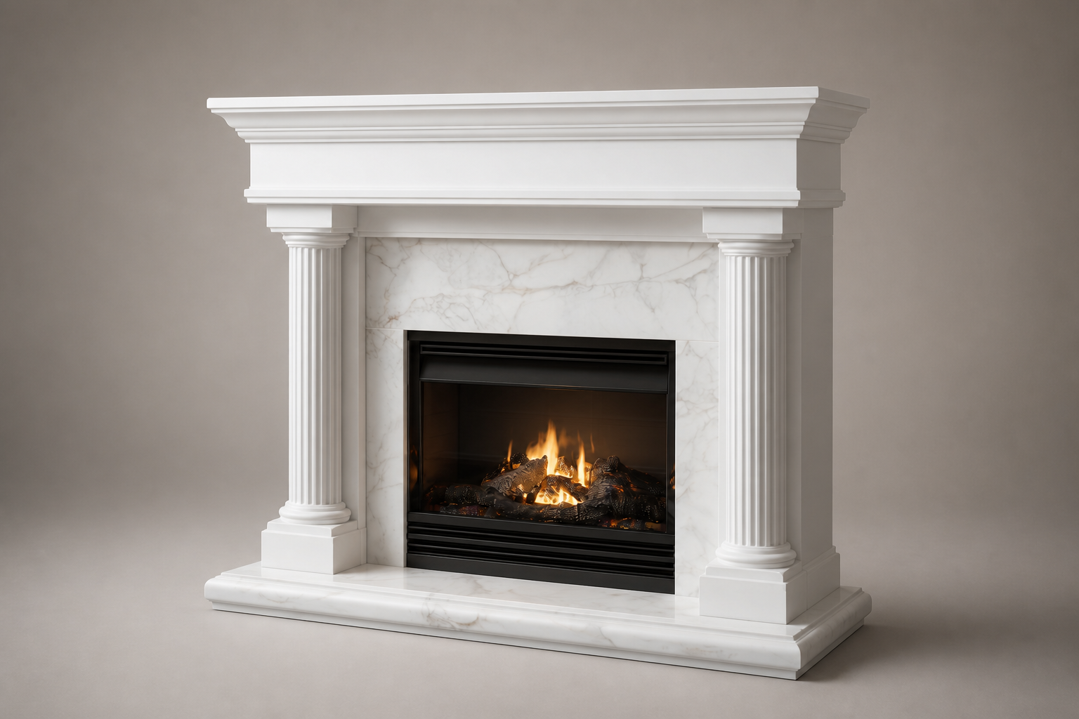 Sereno white marble fireplace mantel by 1-OPH, studio view