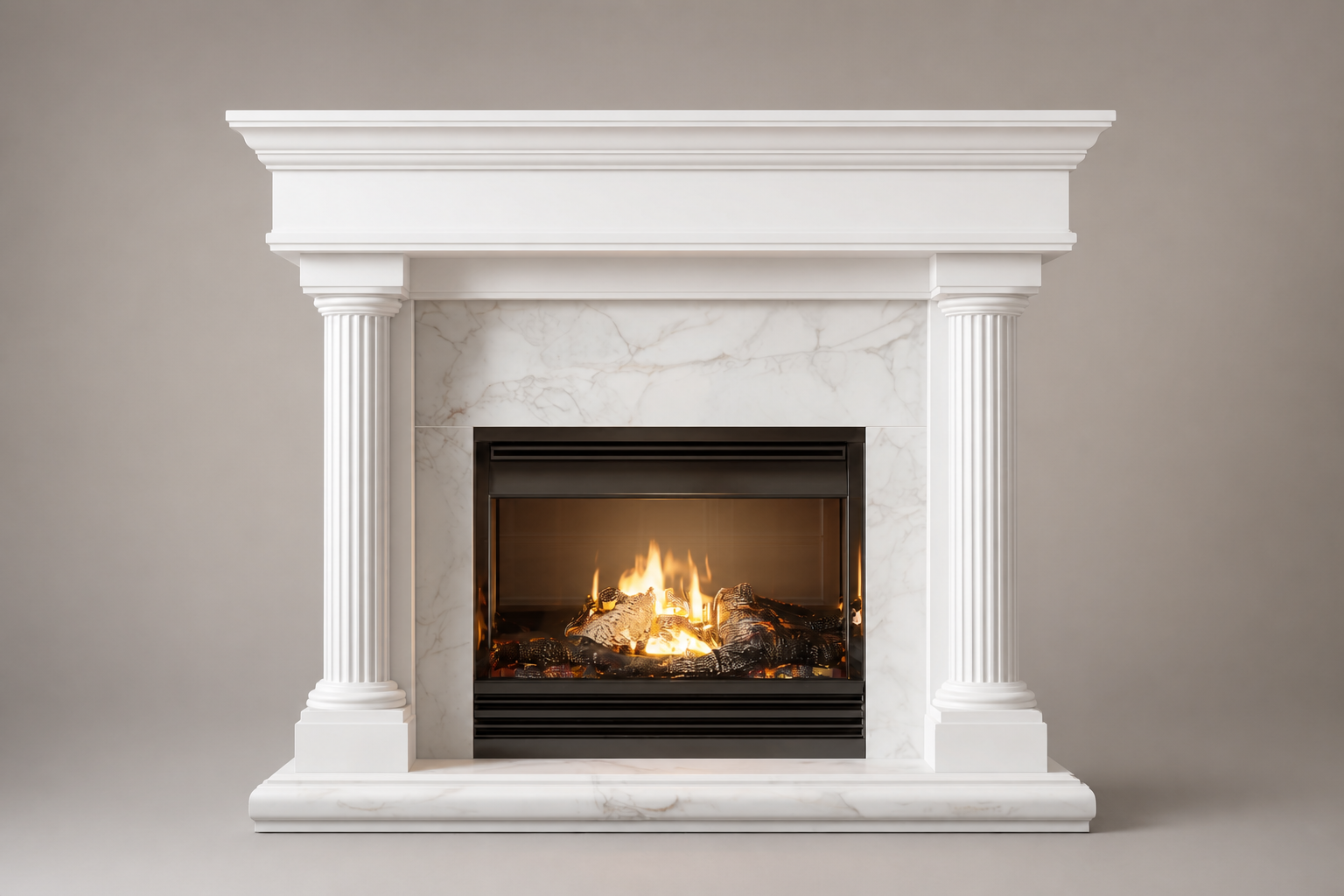 Sereno white marble fireplace mantel by 1-OPH, side elevation