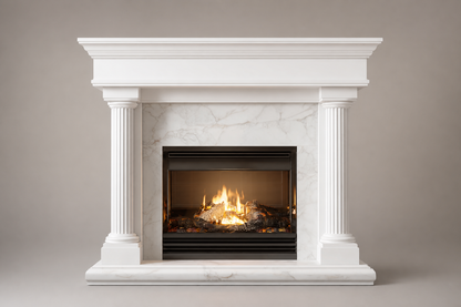Sereno white marble fireplace mantel by 1-OPH, side elevation