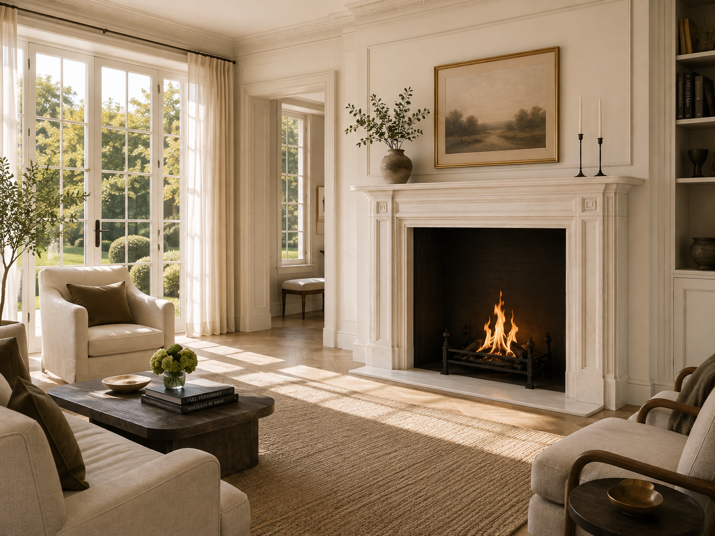 Vereda pale limestone fireplace mantel by 1-OPH, in a Dubai interior