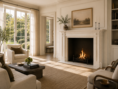 Vereda pale limestone fireplace mantel by 1-OPH, in a Dubai interior