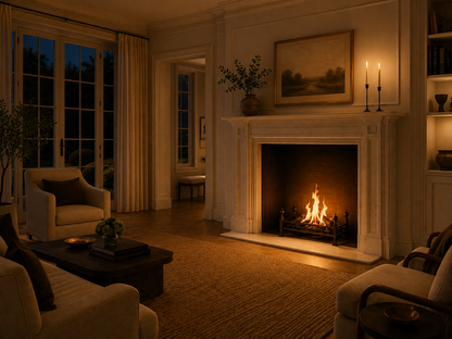 Vereda pale limestone fireplace mantel by 1-OPH, lit at night