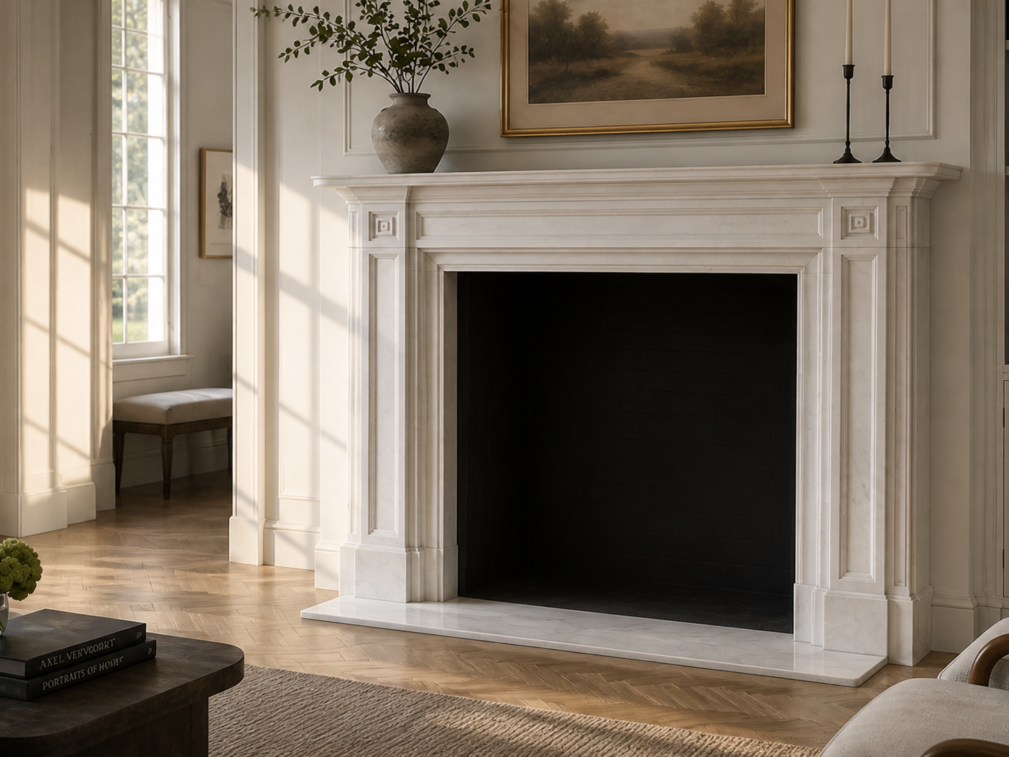 Vereda pale limestone fireplace mantel by 1-OPH, carved detail